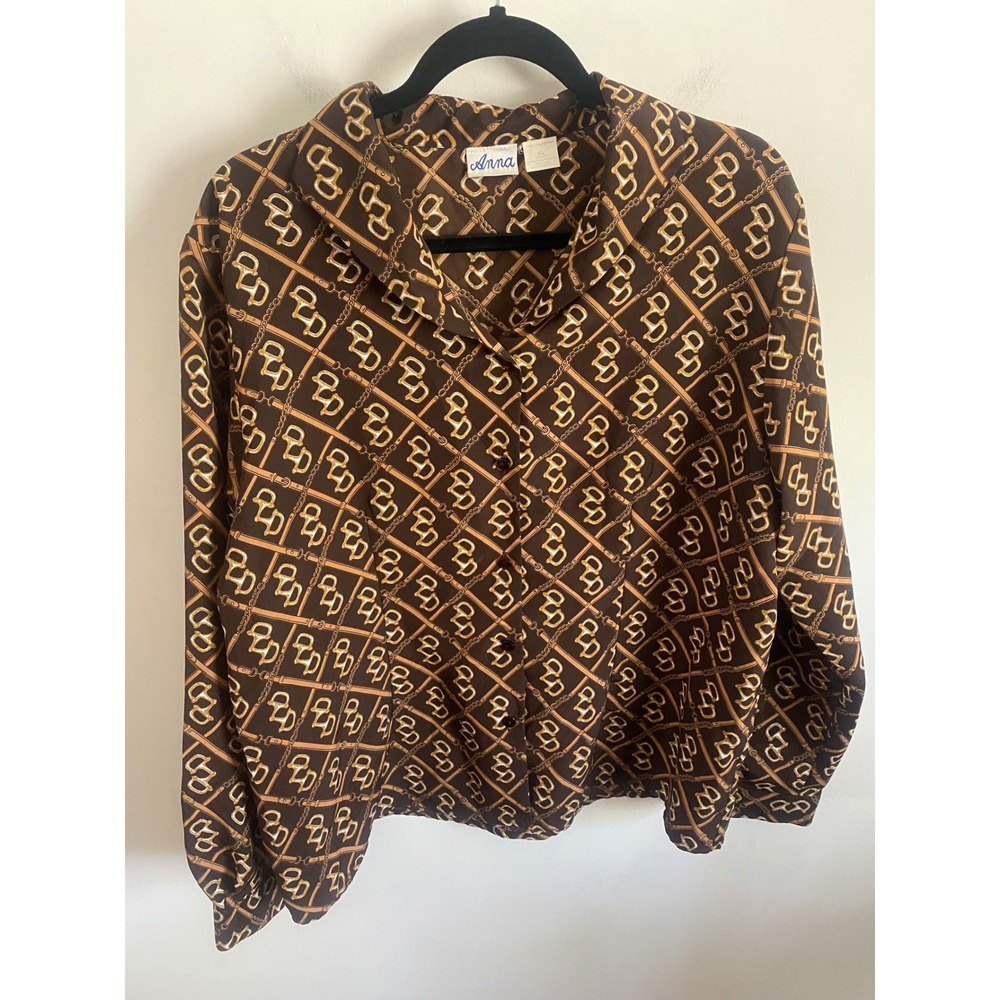 Anna Vintage Womens XL Brown Equestrian Chain Belt Print Button Down Blouse Long